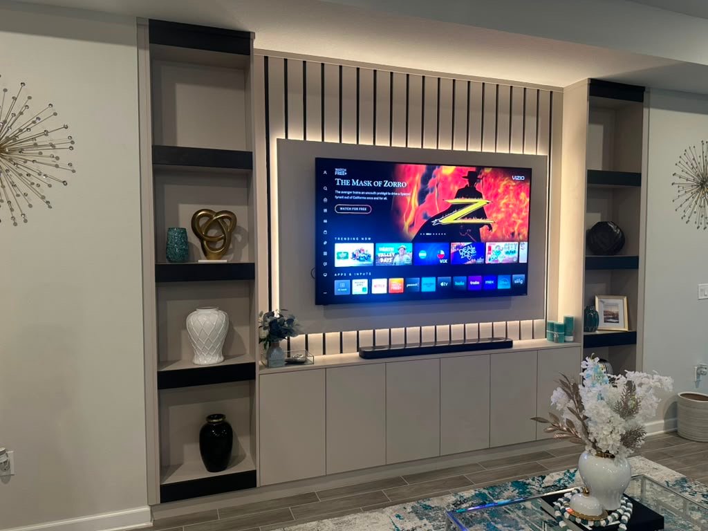 Living room media wall, after